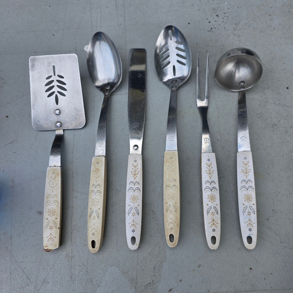 Vintage Ekco Flint 6pc Kitchen Utensil Set Floral Wheat Melamine Handles USA